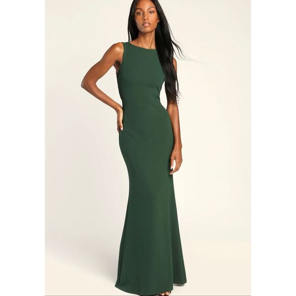 $99 Lulus Love In Your Eyes Hunter Green Knotted Mermaid Maxi Dress size small - Picture 2 of 9